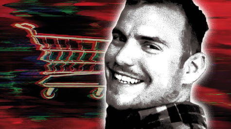 Alan Bill, smiling man, light moustache and beard, shopping cart, 