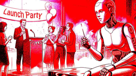 A robot celebrating on its own, as humans give speeches at a party.
