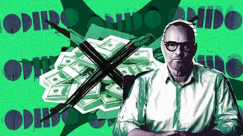 pile of money, blac X on them, CEO portrait, bald man in white shirt, glasses, odido logo, green