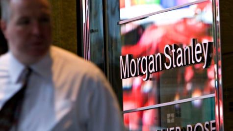 morgan stanley sign in red glass, fat man in white shirt, black tie, bald head 