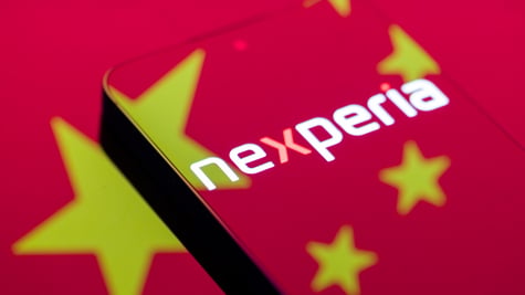 nexperia sign, orange x, china flag reflective smartphone screen
