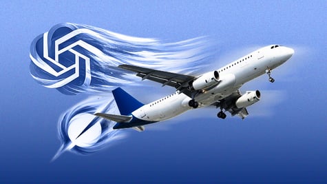 white plane pushed by blue gpt grok icons resembling wind