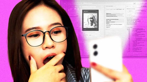 A shocked woman looking at her phone, documents with someone's criminal background behind her