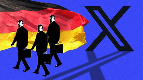 German flag; three men in suits carrying suitcases, X logo