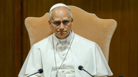 pope leo, sand color arm chair, white clothing, old man, glasses, two black microphones