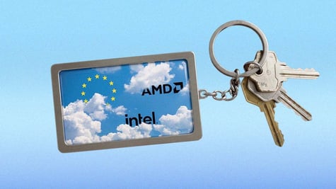 A keychain with clouds, the EU flag, logos of Intel and AMD