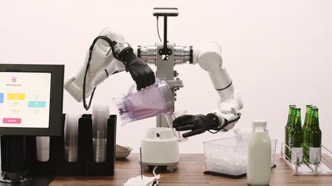 white humanoid, no head, pink smoothie, pour glass, green bottles, glass bottle of milk