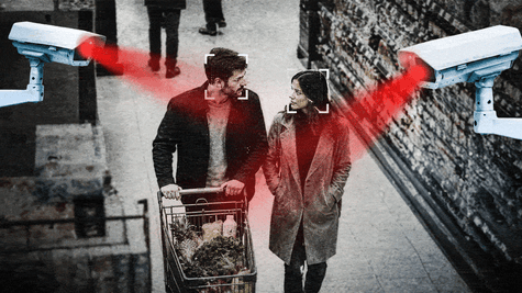 Facial recognition system in cameras scanning man and woman in a shop