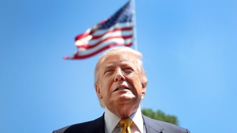 US President Donald Trump, blonde hair, usa flag in wind, blue clear sky, white collar shirt