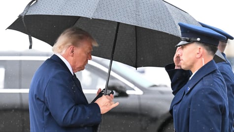 donald trump, dark blue jacket, looks at black smartphone, big black umbrella, rain, grey sky