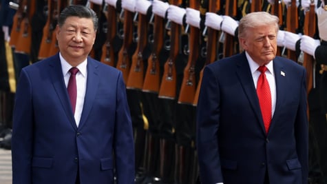 xi, donald trump, honor guard uniforms, brown guns,red tie ,blue jacket, black jacket