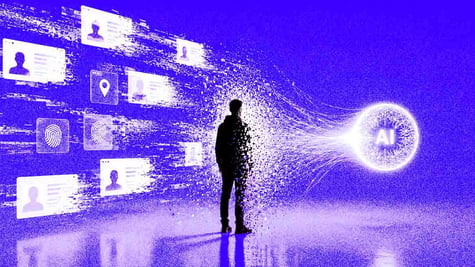 A person standing in front of a floating bubble that says AI, the concept of personal data