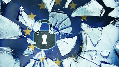 EU flag, blue background, yellow stars, frosty broken glass pieces, dark blue padlock, 