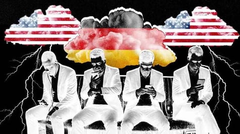 four men in white suits, two USA flag clouds, one Germany flag cloud, rain and thunder lines