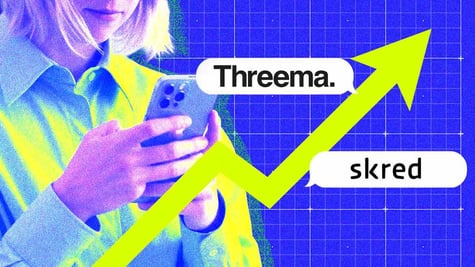 Logos of messaging apps Threema and Skred, a person using a smartphone, up arrow symbol