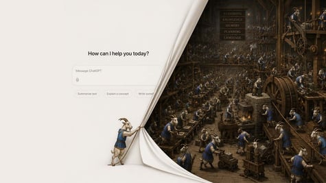 Chat GPT interface, with goats behind the veil doing work in the background.
