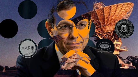 Avi Loeb at the center of various infographic orbs.