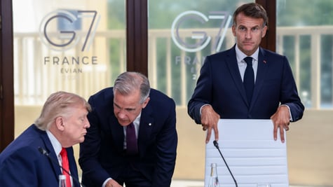 Donald Trump, Canadian PM Mark Carney, French President Macron, men in dark suits, ties, shirts