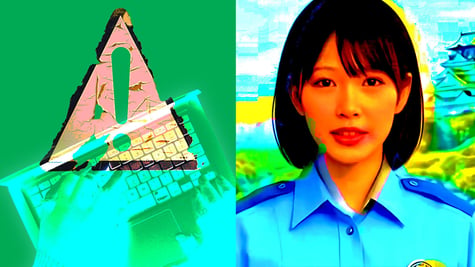 Split picture of an exclamation mark and a keyboard, and AIko - a cybercop.