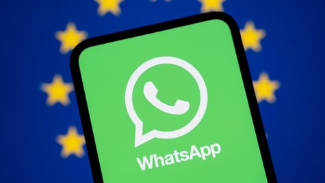 whatsapp logo, green background, black smartphone, eu flag,  blue background, yellow stars