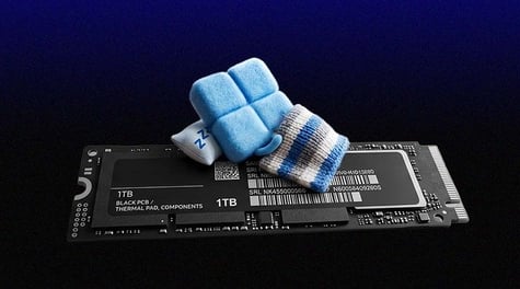 Black Samsung SSD card with baby blue mittens