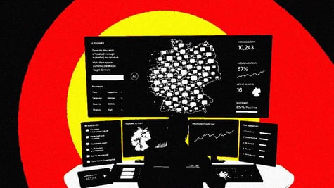A human sitting at a desk prompting AI to spam a map of Germany with propaganda.