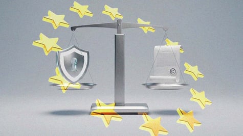 A futuristic balance scale weighing up a VPN and a copyrighted document.
