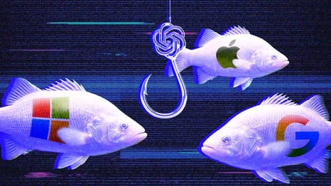 A giant fishing hook shaped like the ChatGPT logo dangling beside Microsoft, Google and Apple logos