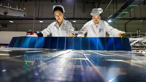 female chinese workers, dark blue solar panels, white laboratory outfits ,black hair, 