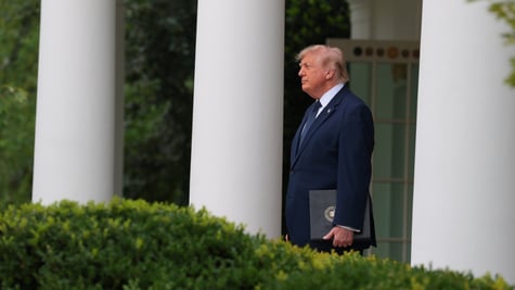 donald trump, dark suit, white collar shirt, profile, he stands in colonnade at the White House