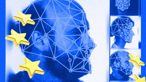 People's faces processed by facial recognition tech, the EU flag