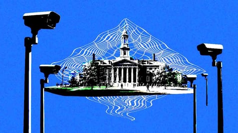 A university campus surrounded by surveillance cameras