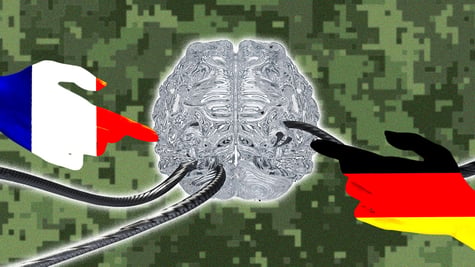 Hands that come in colors of French and German flags pointing to artificial brain