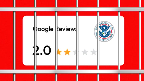 A review on Google with a rating of 2.0 behind bars, ICE logo