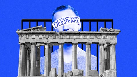 A person with the word "Deepfake" covering his eyes, prison bars, Greek Acropolis