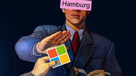 A person whose eyes are covered with a word "Hamburg" says no to Microsoft logo