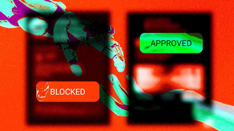 A split-screen of AI blocking and approving content on social media.
