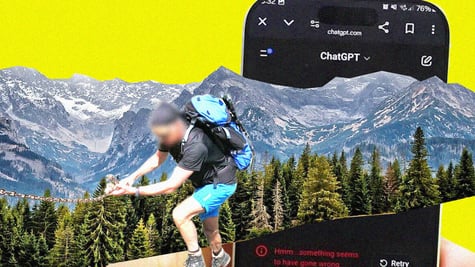 A hiker climbing the mountain; a smarphone screen with ChatGPT opened