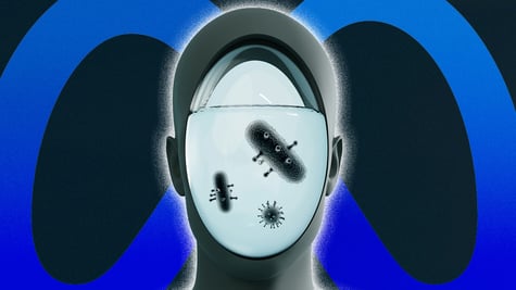 A robot's head and bacteria inside it; the logo of Meta