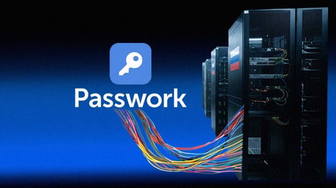 The logo of Passwork, a server, a Russian flag