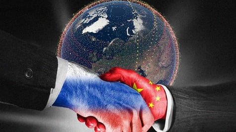 A hand with a Russian flag shaking a hand with a Chinese flag, the planet Earth