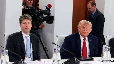 sam altman, donald trump, black suit, baby blue, red ties, white collar shirts, cameraman