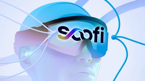 A person's head with VR glasses that say Soofi S