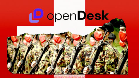 The Swiss army soldiers, the logo of OpenDesk, the flag of Switzerland