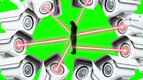 A circle of surveillance cameras that are pointing to a woman in the middle