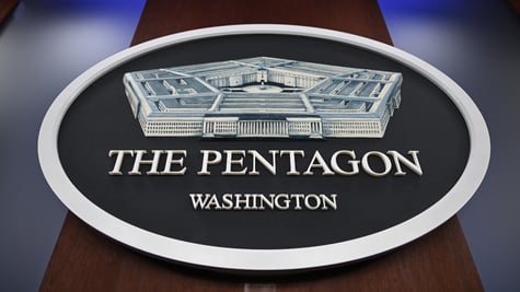 Pentagon logo is seen ahead of a press conference at the Pentagon in Washington D.C.