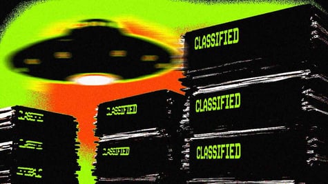 A UFO hovering above classified files.