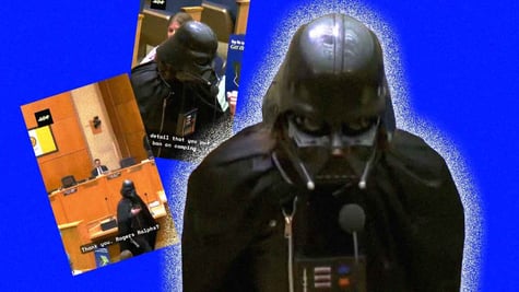 Screenshots of a man dressed as Darth Vader in San Diego City Hall; blue background
