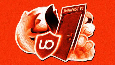 A giant Firefox logo stands untouched behind a glowing uBlock Origin shield