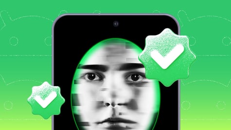 Face verification on the mobile screen in green background.